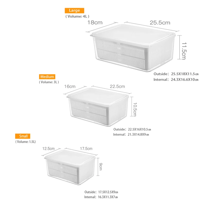 

Kitchen Storage Box Refrigerator Keep Fresh Box Vegetable Fruit Drain Crisper Multifunctional Plastic Basket Container With Lip