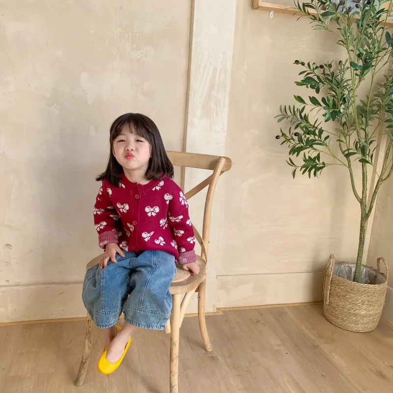 

Children's Single Breasted Sweater Korean Casual Kids Boys and Girls Spring Bow Sweater Children's Round Collar Cardigan Jacket
