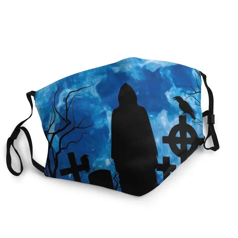 

Grim Reaper In Graveyard Against Blue Moon Mask Anti Dust Reusable Halloween Face Mask Protection Cover Respirator Mouth Muffle