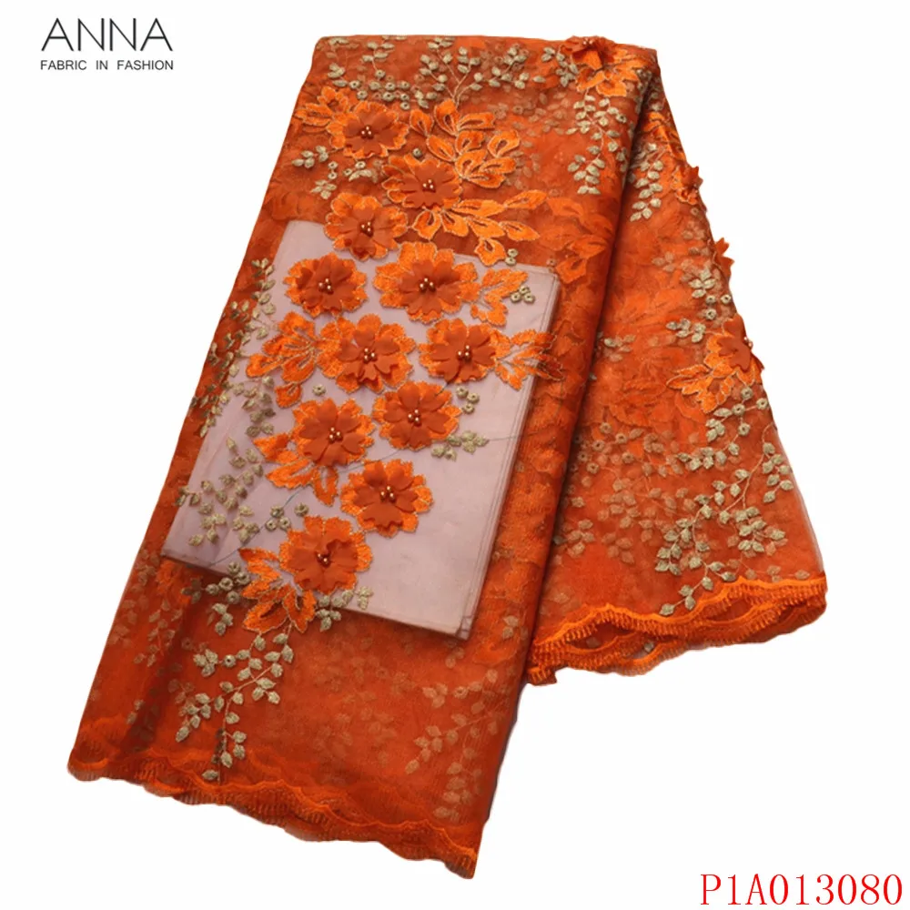 

Anna orange african 3d applique lace fabric 2021 high quality embroidery with beads french net lace nigeria tulle fabric 5 yards