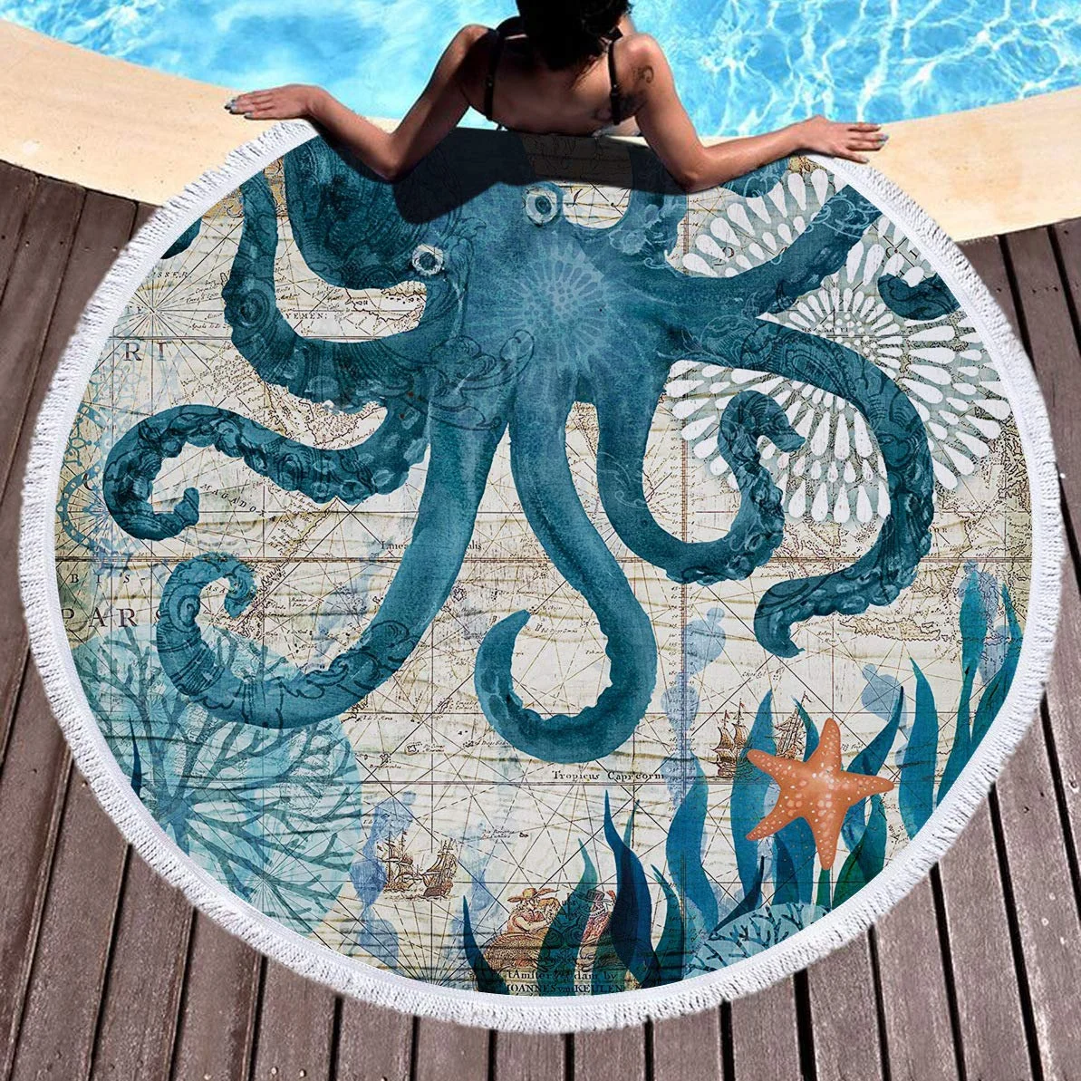 

Round Beach Towel Octopus Microfiber Beach Blanket Blue Ocean Big Round Head Lightweight Beach Towel 59 Inch Blue