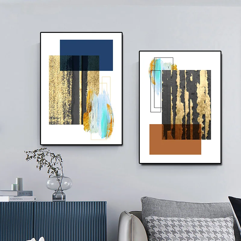 

Современный постер, Роскошные Настенные украшения, абстрактный золотой, синий, оранжевый узор, Картина на холсте для гостиной, художественн...