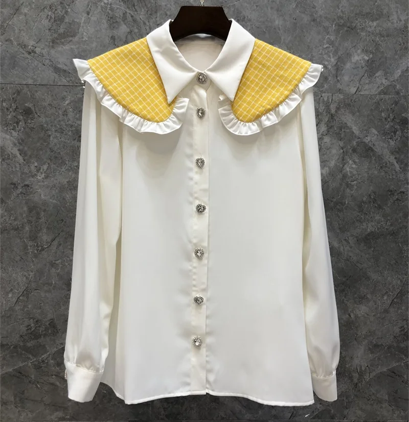 New Korean Fashion Style Blouses 2022 Spring Women Turn-down Collar Yellow Print Color Block Long Sleeve Casual White Shirts OL