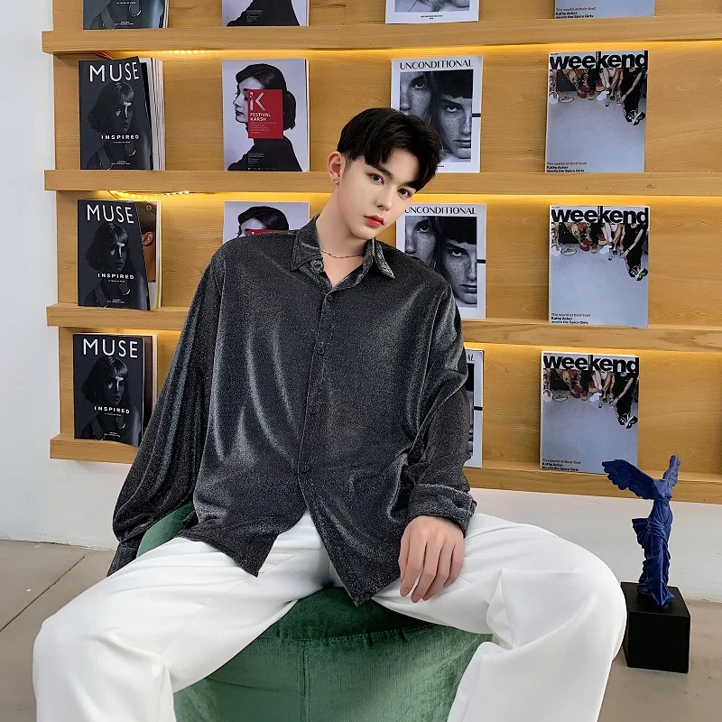 Мужская Серебряная тканевая Повседневная Свободная рубашка с длинным рукавом