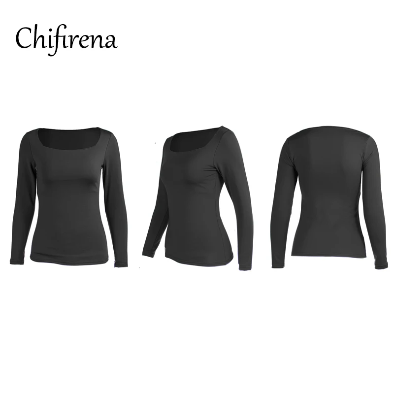 

Chifirena Autumn Sexy T Shirt Women Long Sleeve Square Collar Jumper Top Slim Club Party Solid Tees Pullover Blach White T-Shirt