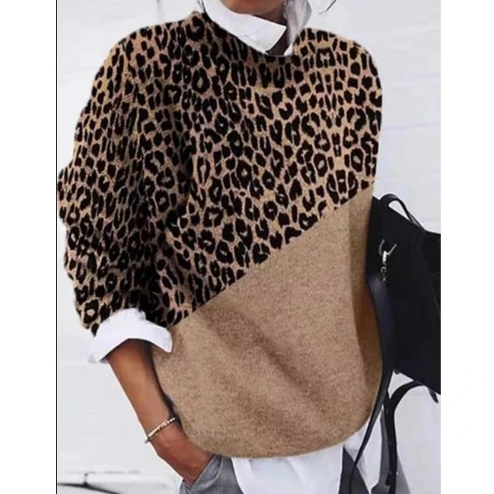 

Женский леопардовый свитер Lugentolo, осенние свободные повседневные модные пуловеры с длинным рукавом и круглым вырезом, женские свитера