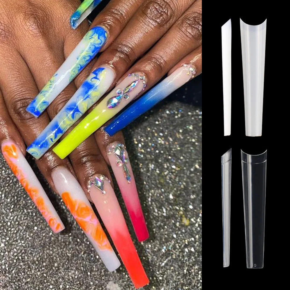 

504Pcs 12 Sizes XXXL Coffin No C-Curve Nail Tips Transparent/Natural Straight Super Extra Long Fake Nails Art French False Nails