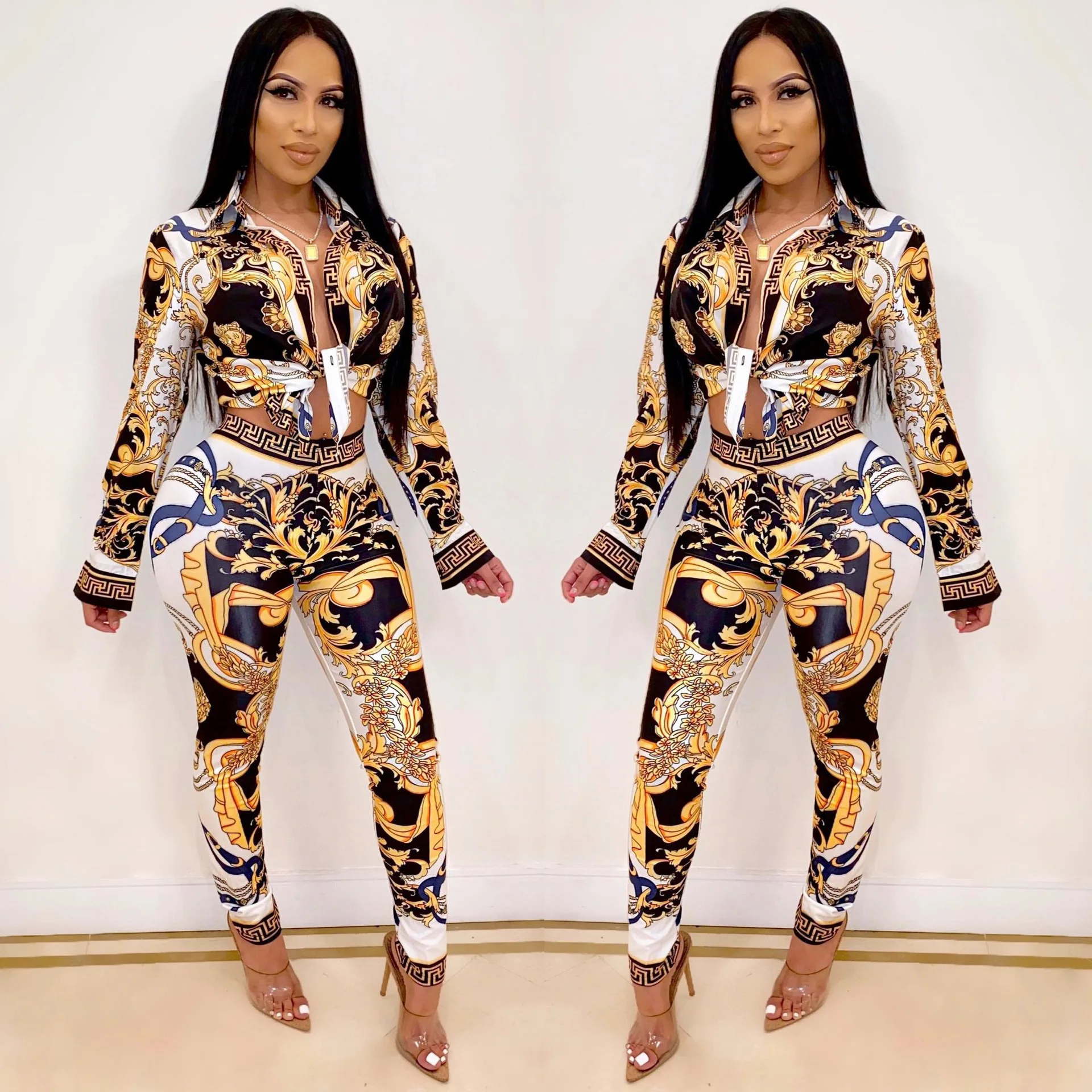 

In Spring and Summer of 2021, Two Sets of European and American Women's Digital Printing, Two Sets of Casual Shirt + Pencil Pant