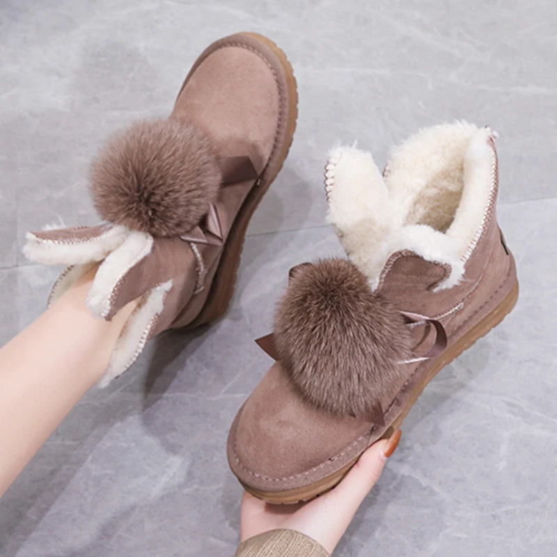 

Rimocy Lovely Fur Ball Thick Plush Snow Boots Women Winter New Flat Heels Warm Ankle Boots Woman Round Toe Platform Cotton Shoes