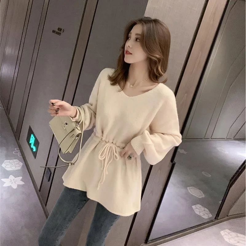 

2021 Autumn And Winter New Women's Super Large Size Comfortable Warm Loose Knitted Drawstring Temperament Lady Knitting Bigger