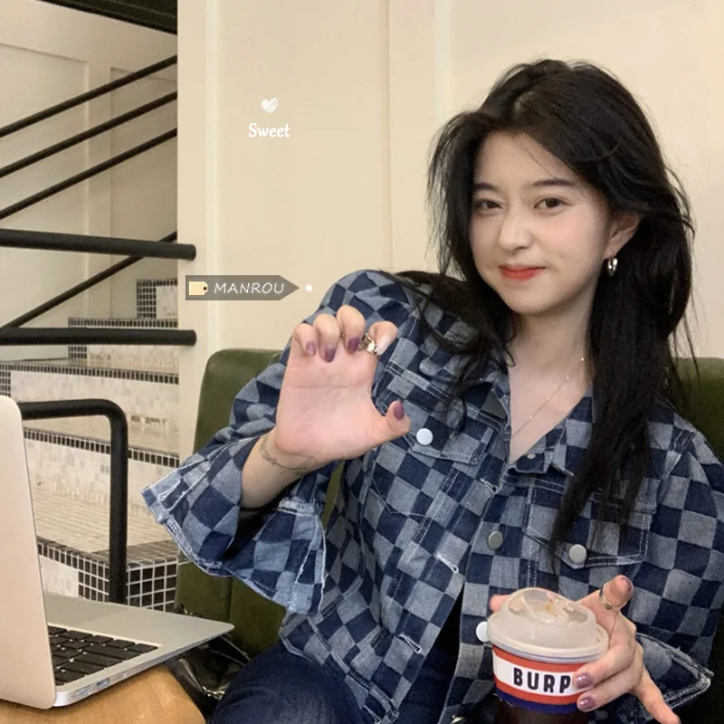 

Plaid short denim coat women's 2021 spring and autumn new loose leisure long sleeve top