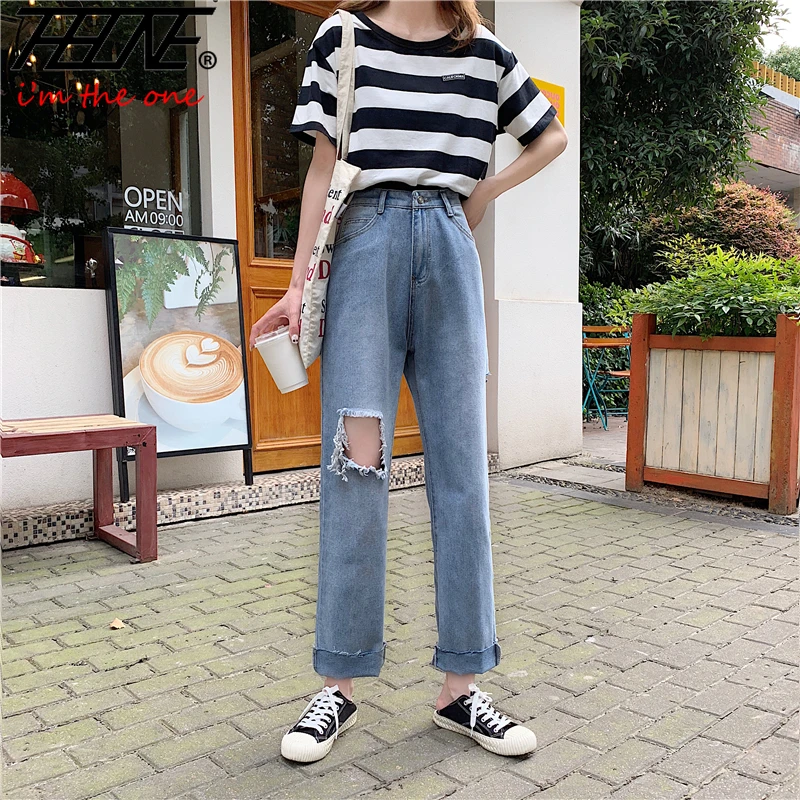 

Women's Mom Jeans Pants Fashion High Waist Denim Pants Straight Jeans Ripped Casual Trousers Female Pantalones Vaqueros Mujer