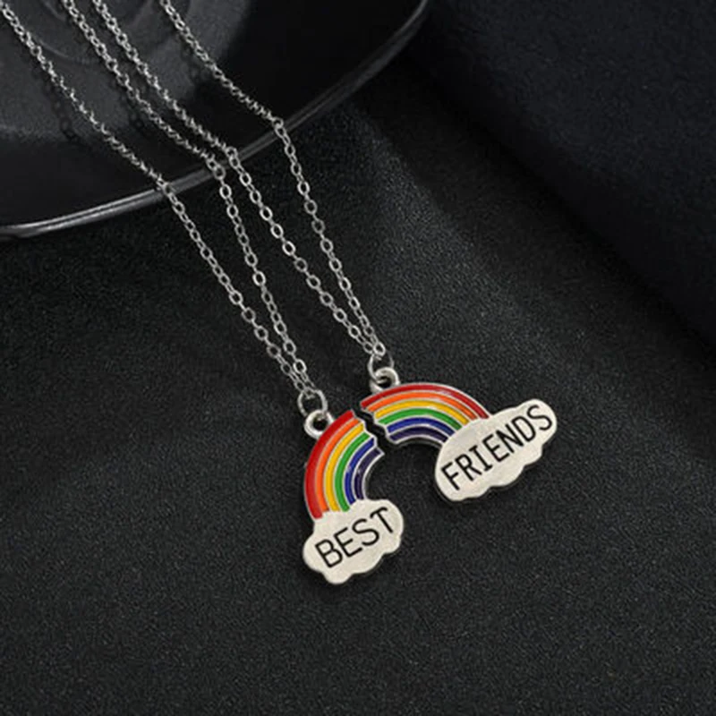 2 pieces/set women's stitching heart-shaped rainbow friendship couple necklace fashion best friend a pair of pendant gifts