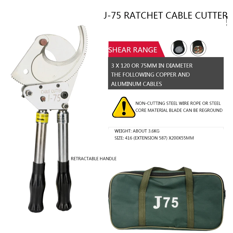Steel Stranded Wire Bolt Cutter J-75 Ratchet Cable Cutter 75mm Armored Copper/Aluminum Copper Cable Aluminum Cable Cutter
