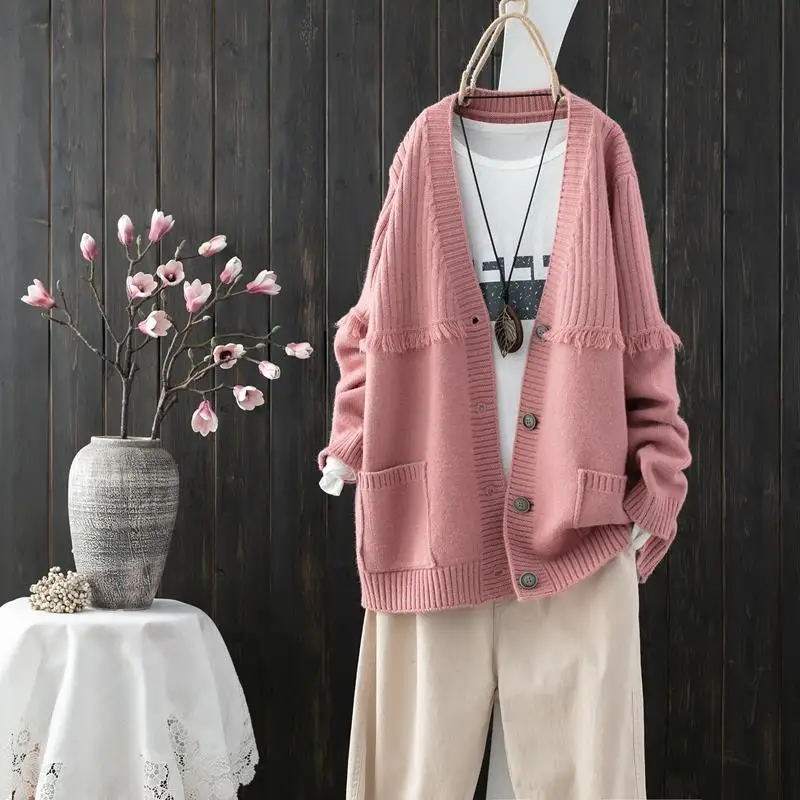 

Women Spring Autumn Fashion Solid Long Sleeve Knitted Cardigan Female Korean Loose Warm Single Breasted Casual Sweater L1051