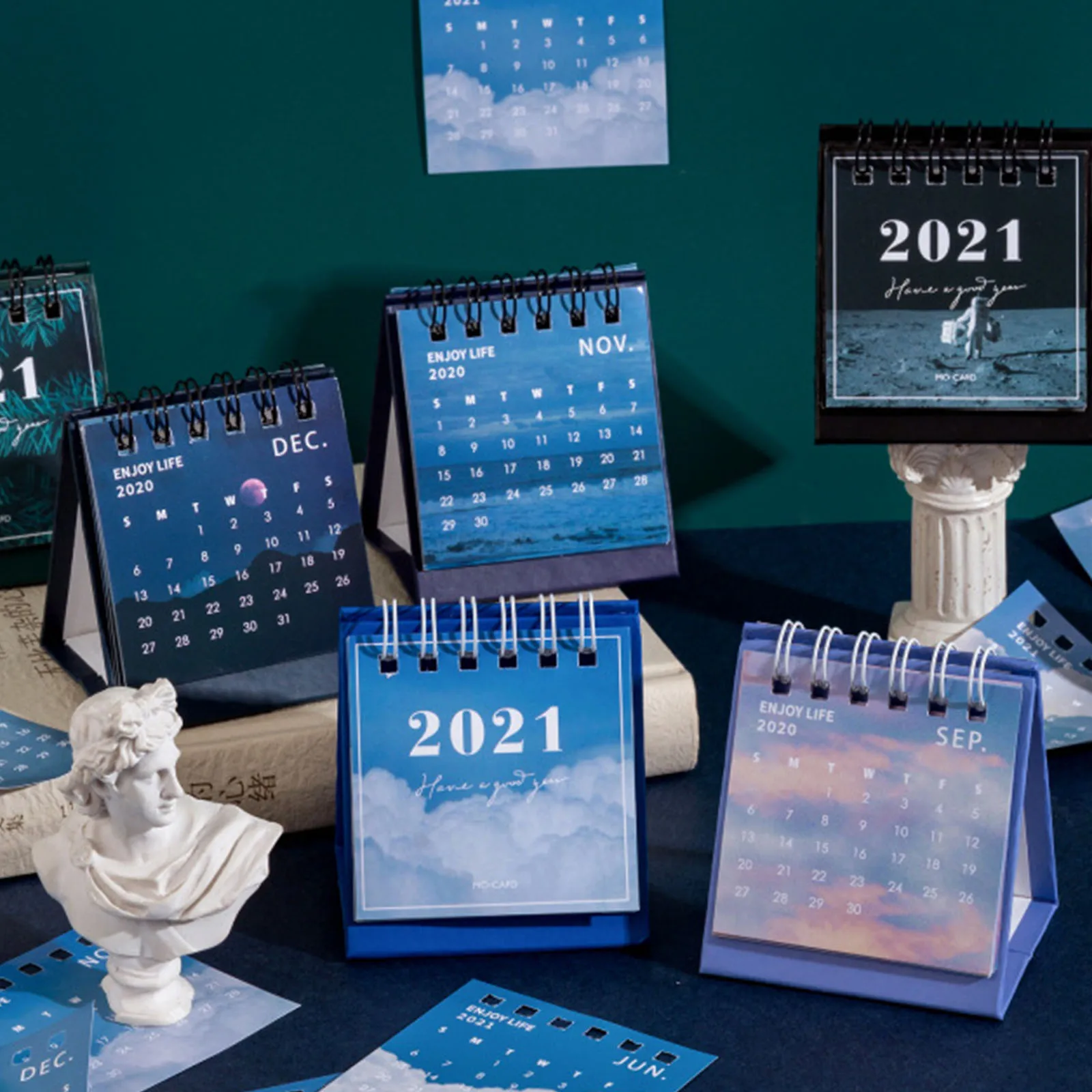 

2021 Simple Creative Blue Series Desk Calendar Calendar Planner Double Schedule Annual Agenda Meeting Schedule Organizer Office