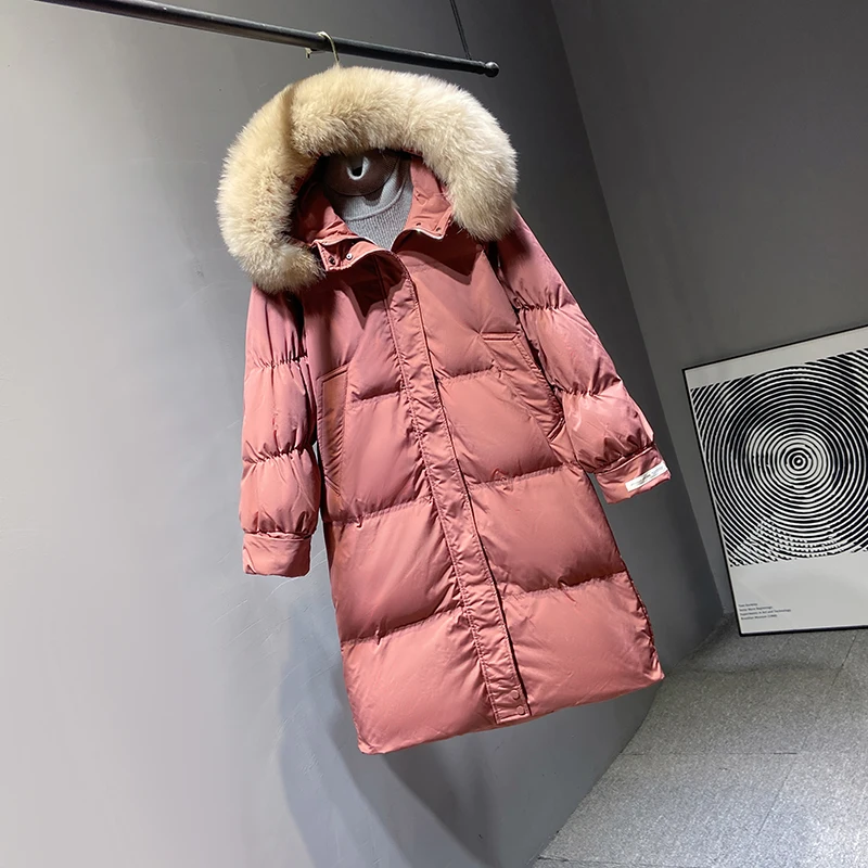 

FTLZZ New Winter Long sleeve Hooded Fur Collar Loose Jacket Jacket Zipper Warm Snow out wear 90% White Duck Down Coat