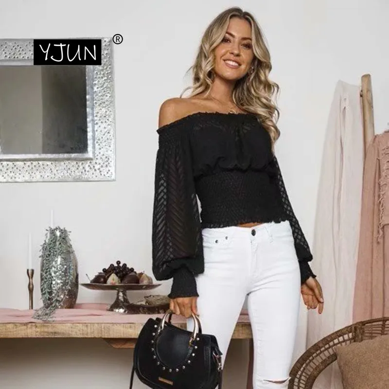 Женская Черная прозрачная блузка с длинным рукавом шифоновая в полоску