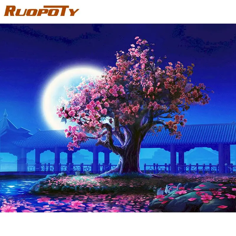 

RUOPOTY Romantic Moon Night Landscape DIY Painting By Numbers Kits Modern Wall Art Picture Handpainted For Home Decor 40x50cm