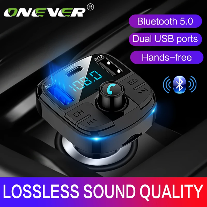 

Onever Bluetooth 5.0 Fm Transmitter Car Kit MP3 Modulator Car Charger QC3.0 Double USB With LED Lattice screen EQ Mode 2019 NEW