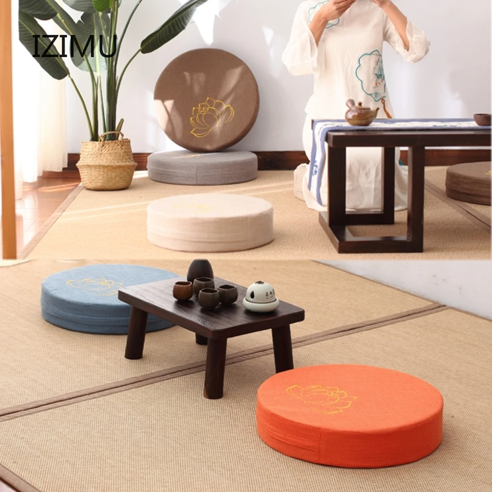 

IZIMU Japanese Futon Meditation Buddha Sitting Cushion Fabric Washable Round Linen Balcony Window Tatami Mat Removable washable