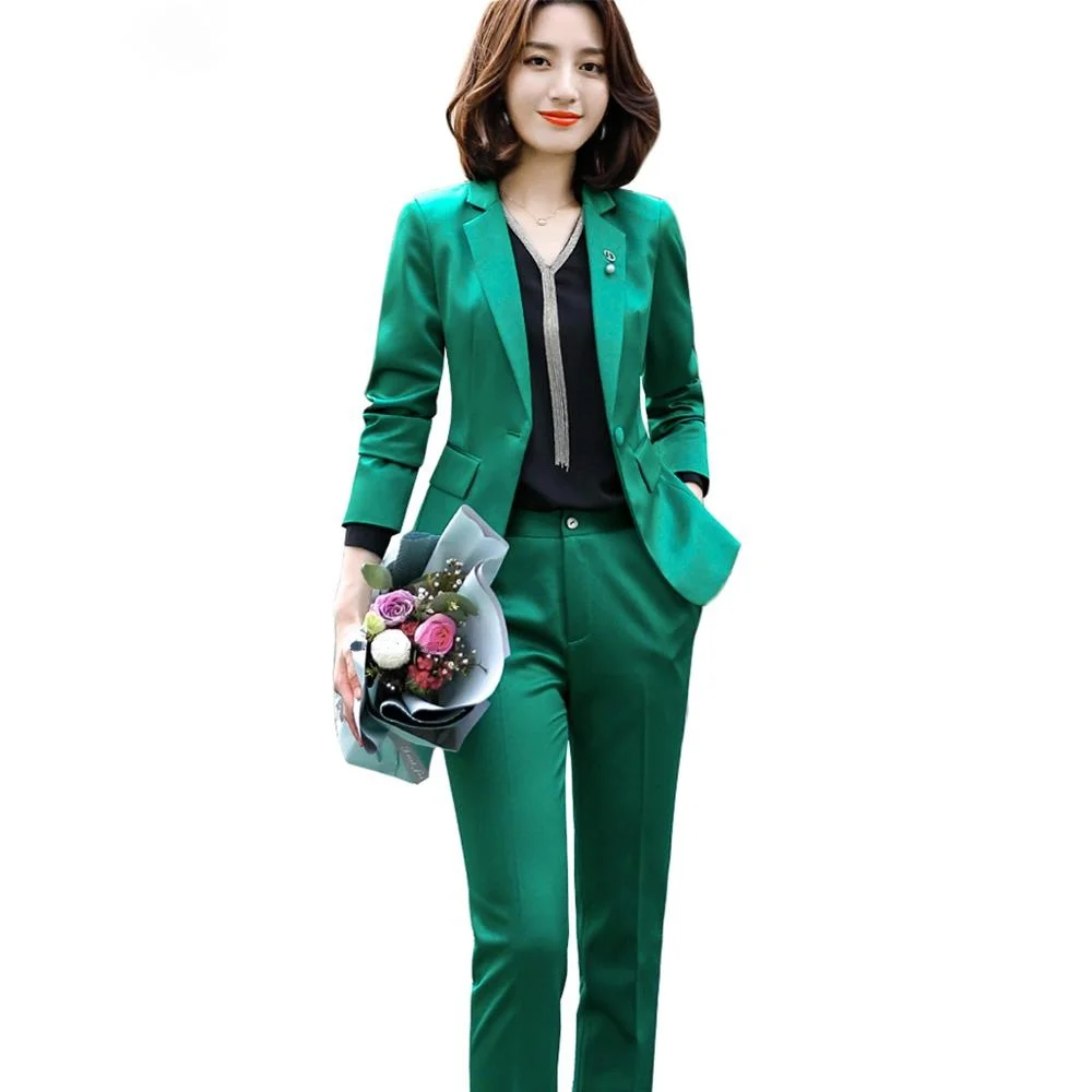 

High-quality Women casual green Pant Suit soft fabric 2 Piece Set Uniform Designs Jacket and Pant Red Pink Purple White Casual