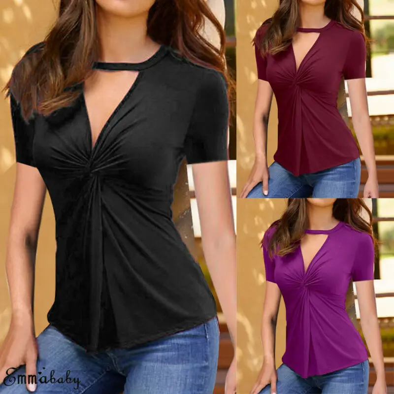 Новая мода плюс размер женская блузка рубашка чокер v-образный вырез однотонная