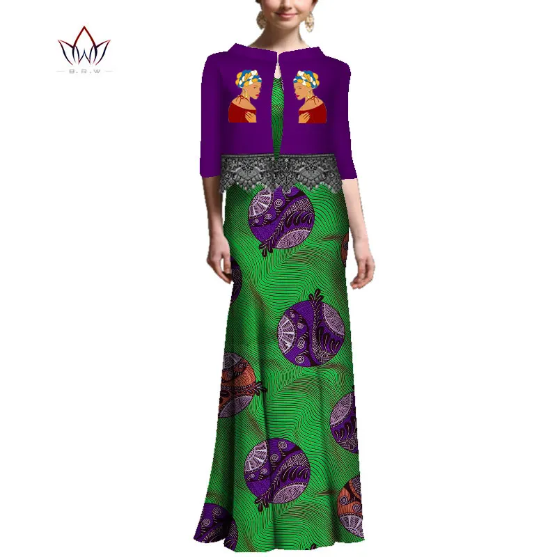 African Top And Dresses For Women Print Half Sleeve Long Skirt Suit Bazin Riche Two Pieces Ankara Appliqued Clothing WY5559