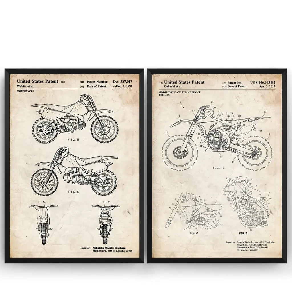Винтажный набор из 2 патентов на Байк скремблер Мотокросс чертеж плакат картина