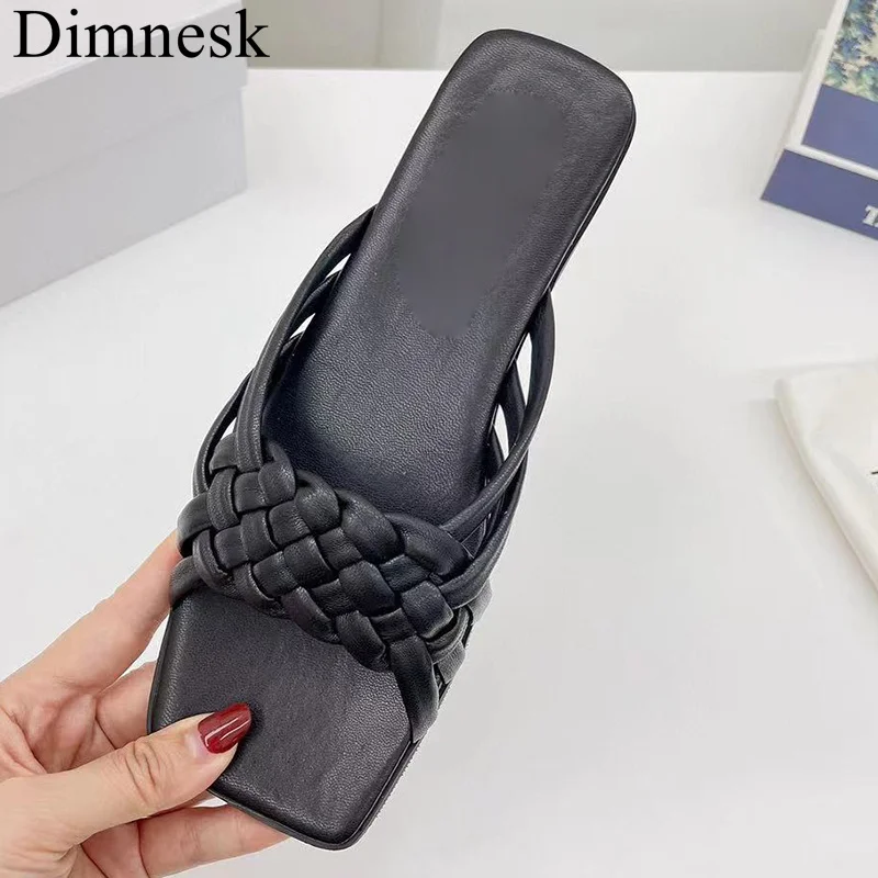 

2021 Square Toe Flat Slippers Women Hand Weave Open Toe Leisure Sandals Summer Outside Wear Comfort Vacation Shoes Zapatos Mujer