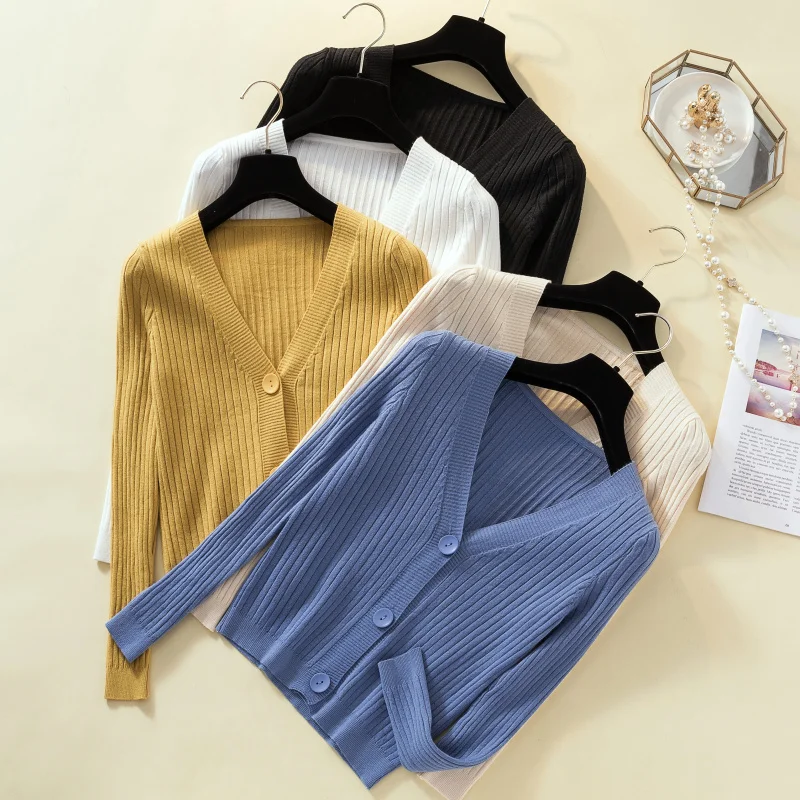 

Cropped Knitted Cardigans Women Korean Style White Long Sleeve Casual Blue Sweter Mujer Pull Femme Nouveaute 2020 Crop Top
