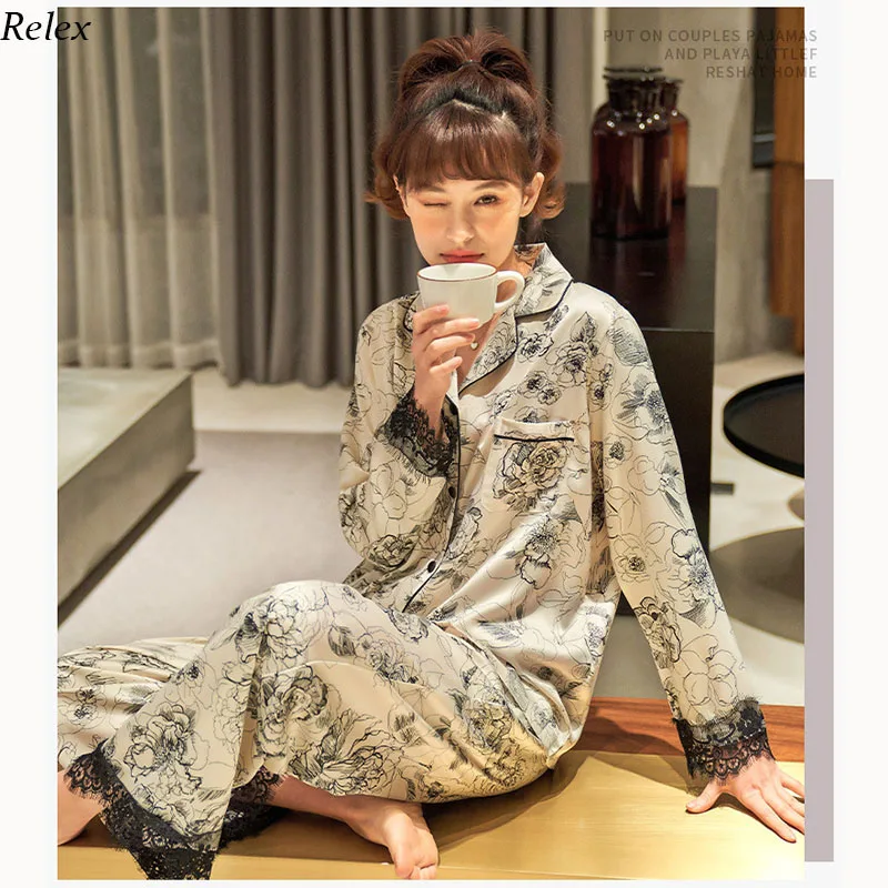 

Ice Silk Long-Sleeved Pajamas Women's Autumn And Winter Ice Silk New Cardigan Thin Section High-End Atmosphere Home Service