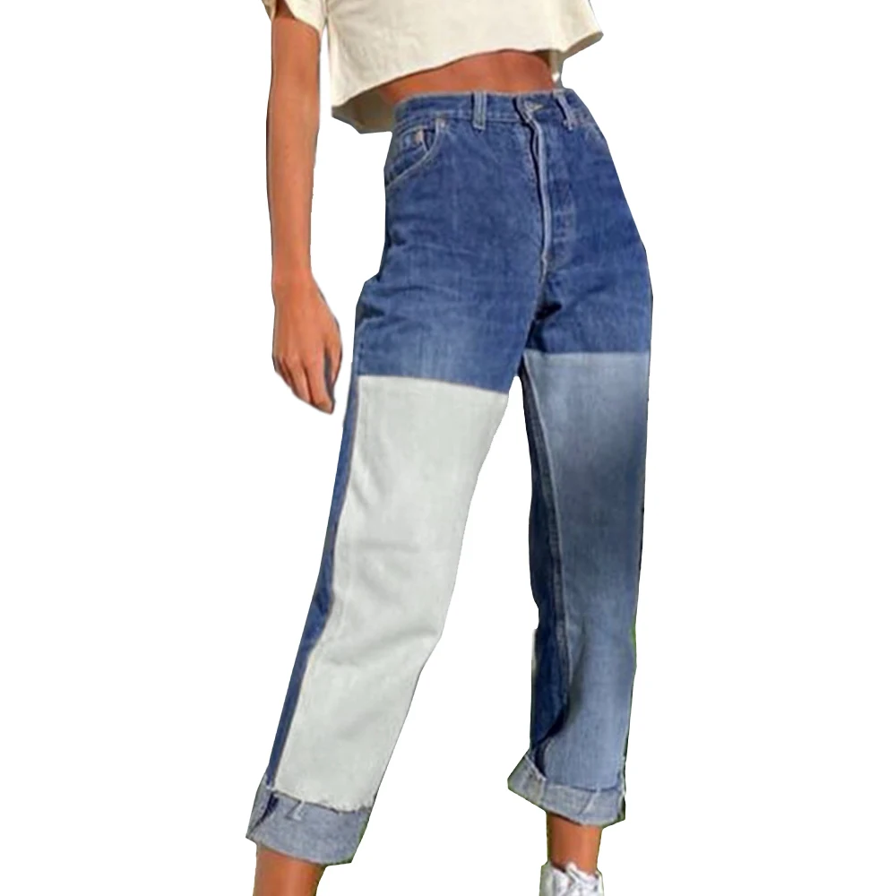 

Patchwork Jeans Women High Waisted Frayed Jeans Blue Womens Clothing Loose Denim Pants Long Trousers Casual Pants Female