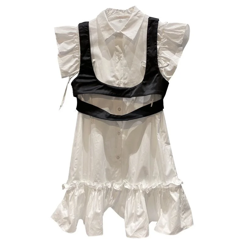 

Lace Shirts Dress Sleeve Black Sling + Shirt Dress 2021 Summer New Small Fragrance Two Piece Set