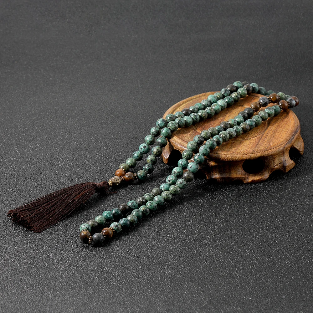 OAIITE 108 Beads African Turquoise Tiger Eye Stone Necklace Golden Buddha Head with Long Tassel Knotted Mala Jewelry | Украшения и