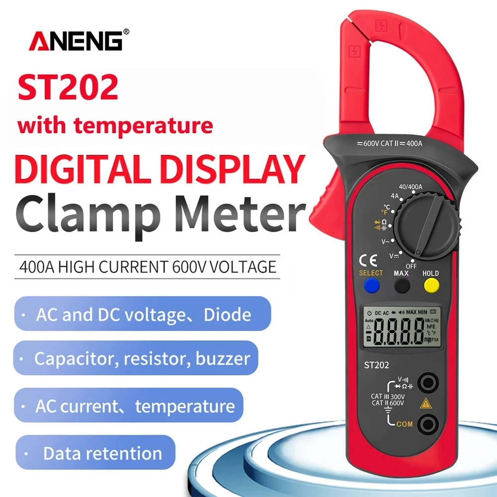 

ANENG ST202 Digital Clamp Multimeter Resistance Ohm Transistor Testers AC/DC Current Voltmeter Lcr Clamp Meter with Temperature