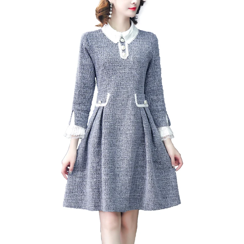 

Autumn Korean Flare Sleeve Dress Women Elegant Fashion Peter Pan Collar Dresses Ladies Fake Two Lady Dresses