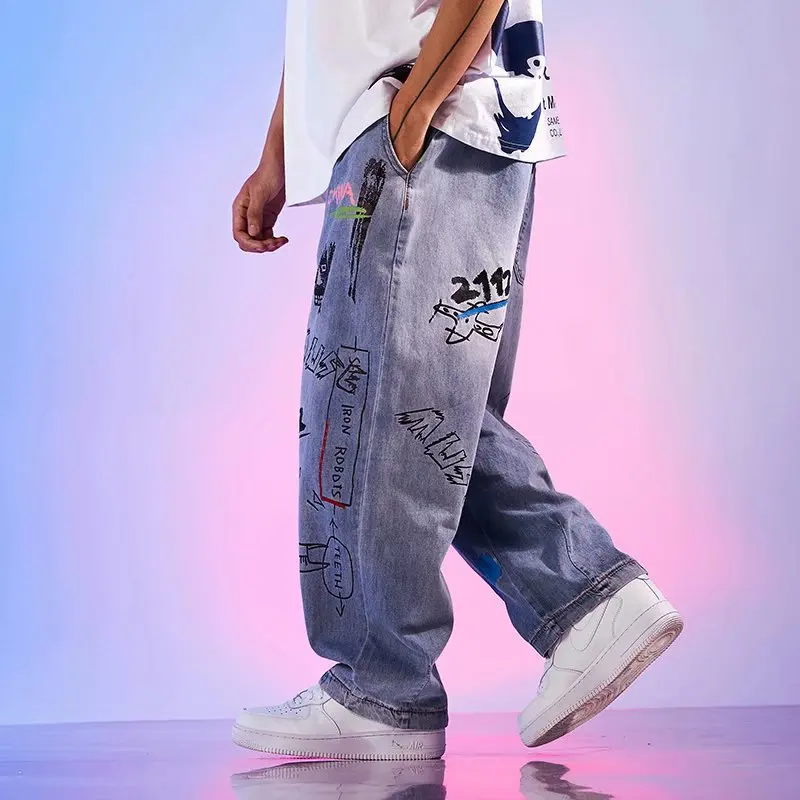 American High Street Letter Printed Jeans Men's Spring and Autumn Hiphop Pants Straight Blue Baggy Jeans Graffiti Jeans Men