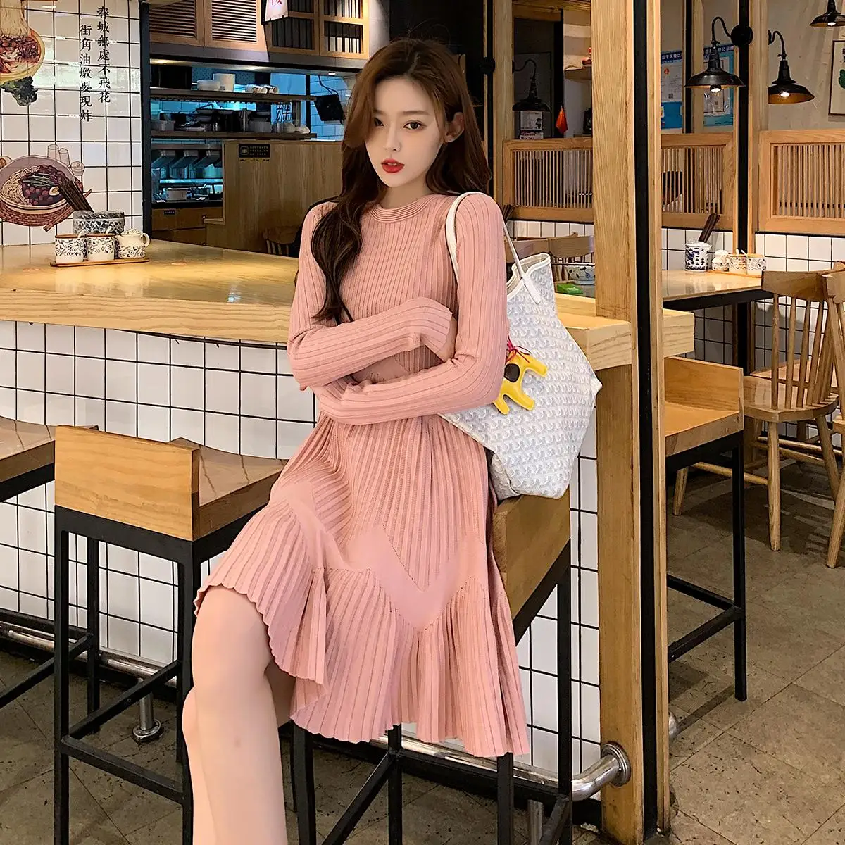 Полосатое Плиссированное мини-платье женское осенне-зимнее свободное