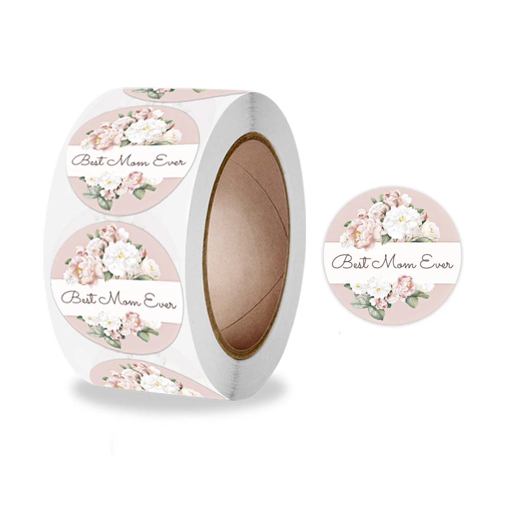 

1Inch 500Pcs/Roll Pink Flowers Best Mom Even Thank You Sticker Labels for Small Business Gift Bag Card Package Festival Birthday
