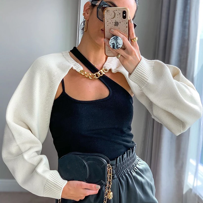 

Knitted Cardigans Sweater Women Long Sleeve Metal Chain Hollow out Top Autumn Casual Sexy Streetwear Female Sweater