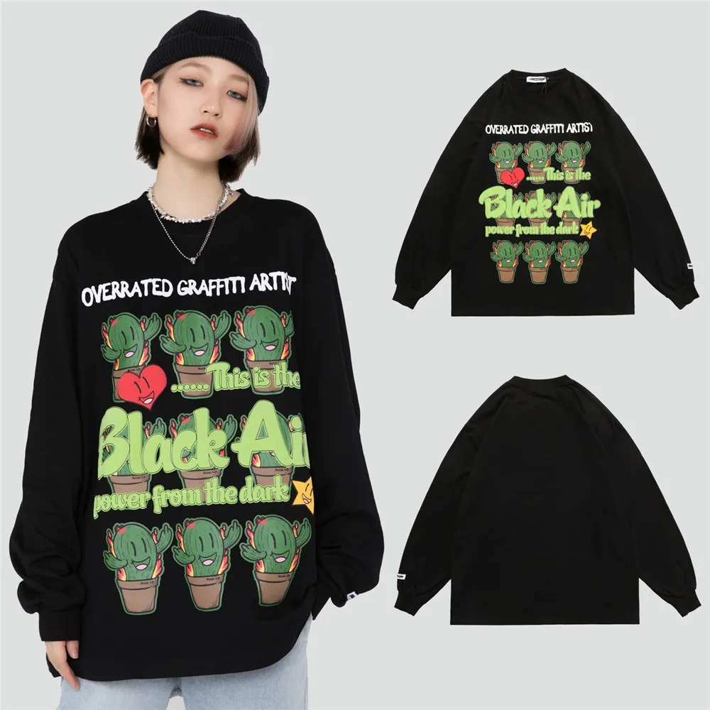 

Hip Hop Oversized Tshirts Men Women Streetwear Cartoon Cactus Tee Shirts Harajuku Punk Rock Gothic Long Sleeve Tops