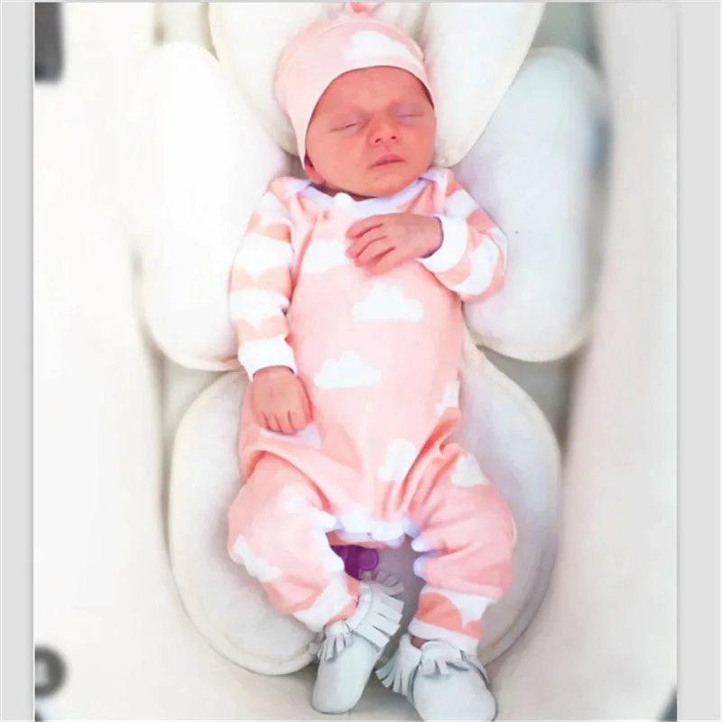 Pudcoco Infant Clothing Cute Newborn Rompers Baby Kids Girls White Clouds long sleeve Pink Romper +Hat Outfits 2 PCS Clothes Set | Детская