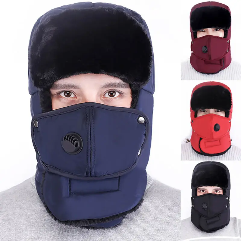 

Men Winter Bomber Trapper Hat Plain Face Mask Fur Trooper Style Ski Cap