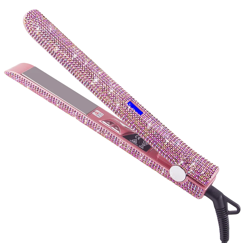 

Rhinestone Flat Iron Titanium Hair Straightener Curler Professional Bling Diamond Straightening Irons High Heat 470 For a Perm