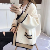 winter acrylic womens sweater v neck long sleeve cardigan button pockets knitted striped thick fashion office lady sweater