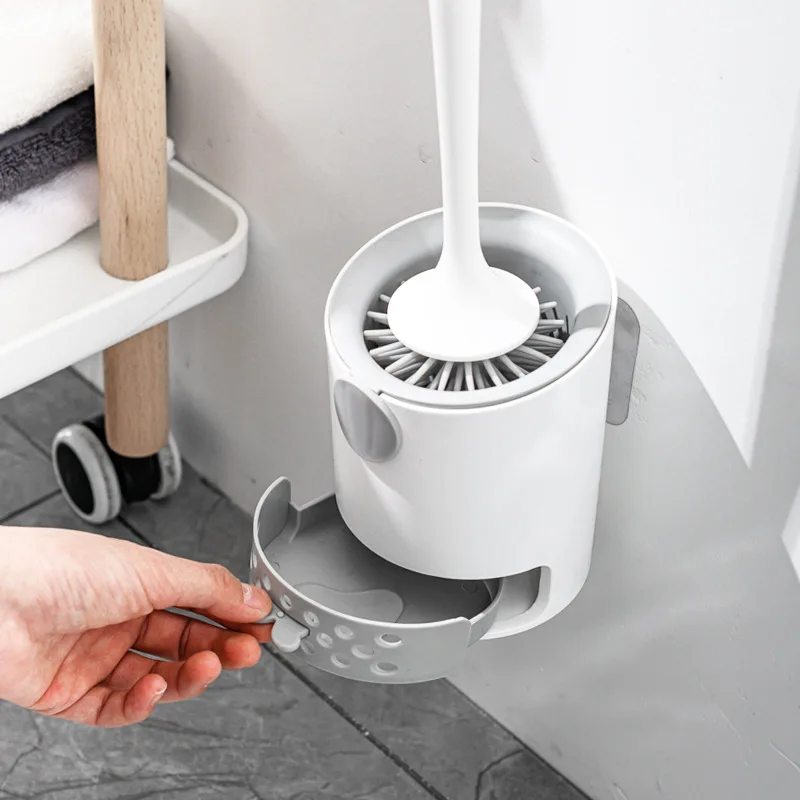 Cepillo de inodoro a prueba de fugas de agua con base de silicona, cabezal plano redondo, cerdas suaves flexibles, juego de soporte de secado r&aacute;pido-3