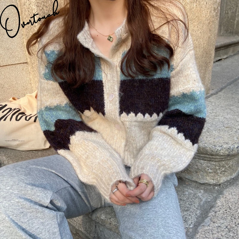 

Overtouch Stripe Cardigan Fall 2021 Women Sweater O-Neck Fashion Clothes Long Sleeve Korean Style Outwears Casual Top Coat