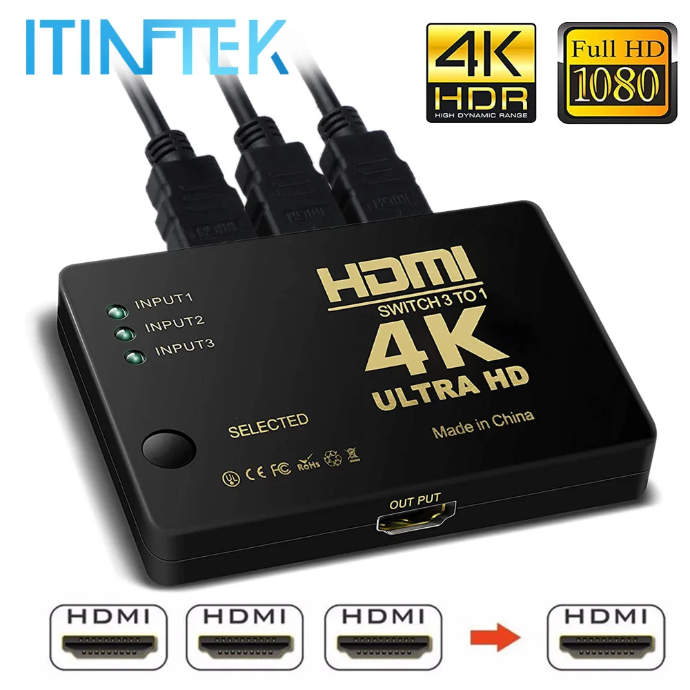 

Разветвитель кабеля HDMI 4K 3x1, HD 1080P, 3 входа, 1 выход