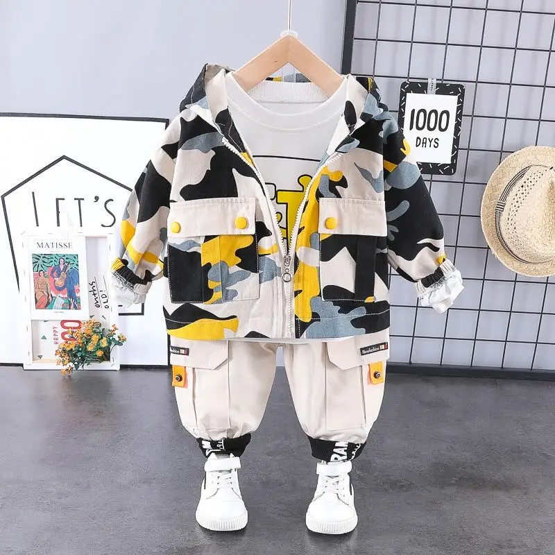 

2020 New Boy Hooded Camo Clothes Zip Coat Tshirt Trousers Fashion 3PCS Casual Jacket Baby Kids Outfits1 2 3 4 Years